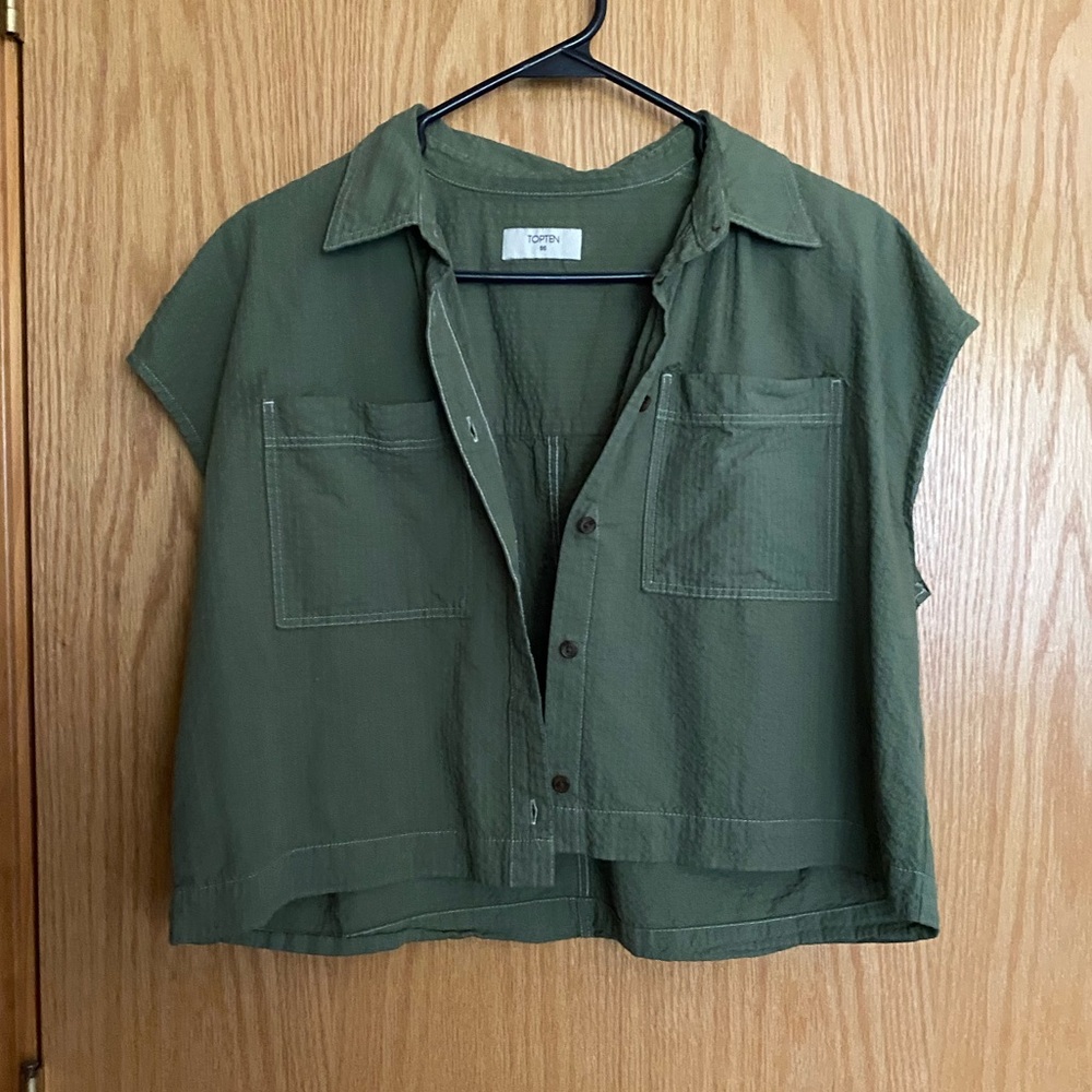 SUAY SEW SHOP L.A. HAND DYED Sage Green Crop Button Down Top
